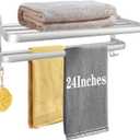 Towel Rack for Bathroom, Bath Towel Holder with Double Towel Bar and Fold-able Towel Shelf, Rustproof Towel Organizer Wall Mounted Towel Storage Hanger for Bath/Balcony/Lavatory(24In Sliver)
