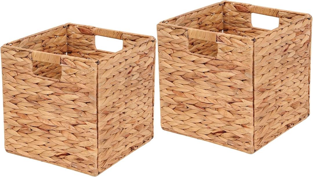 Water Hyacinth Storage Baskets 11x11x11 Inch Wicker Storage Cubes Set of 2Baskets,Handwoven Foldable Wicker Cubes with Sturdy Handles, Rustic Laundry Organizer for Bedroom Shelves, Kitchen, Bathroom