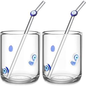 Skylety 2 Set Evil Eye Icon Juice Glass Cups - Icon Glass Cup with 2 Straw 14 oz Double Old Fashioned Cute Pattern Glassware for Tea, Water, Milk, Coffee, Halloween Parties Gifts Skylety 2 Set Evil Eye Icon Juice Glass Cups - Icon Glass Cup with 2 Straw 14 oz Double Old Fashioned Cute Pattern Glassware for Tea, Water, Milk, Coffee, Halloween Parties Gifts