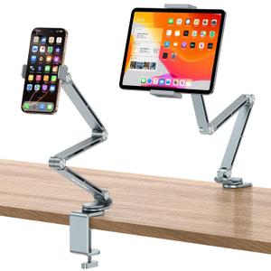 OMOTON Tablet Stand for iPad with 360 Rotation, GH03 Aluminum Alloy Long Arm Phone Mount with 2 Plastic Clamps (Phone & Tablet), Adjustable Holder for 4-13" iPad Pro/iPhone, Grey