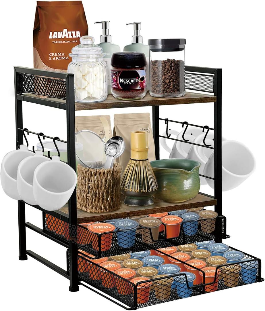 Coffee Station Organizer for Countertop, 2 Tier Coffee Pod Organizer Holds Up To 60 K, Matcha Station, Mug Cup Holder Stand with 6 Hooks, Multifunctional Shelf for Tea Coffee Bar Accessories (1 Piece)