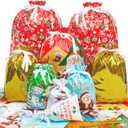 Christmas Gift Bags, 24pcs Drawstrings Christmas Gifts Bags Bulk Assorted Sizes, Reusable Plastic Xmas Presents Wrapping Holiday Goody Bag With Ribbon Ties&Tags, Extra Large/Big/Medium/Small Size