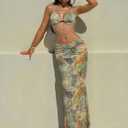 Women's Two Piece Maxi Skirt Sets Summer Beach Sexy Ruched Backless Pearls Chain Decor Crop Top and Cut Out Skirt (M)