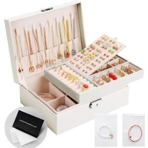 Jewelry Box Organizer for Women Girls 2 Layer Leather Travel Jewelry Storage Case with Lock and Removable Tray for Necklace Earrings Rings Bracelets Gift, Come with Polishing Cloth and Jewelry Bags (White)