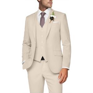 Mens 3 Piece Slim Fit Suit Set, 2 Button Solid Blazer Jacket Vest Pants Business Tuxedo (Large, Light Champagne)