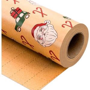 Yarcony Kraft Christmas Wrapping Paper Roll, Brown Vintage Santa Wrapping Paper, Funny Santa, Truck & Candy Cane Pattern Thick Christmas Gift Wrap for Holiday Gift Packaging (17 Inch X 33 Feet)