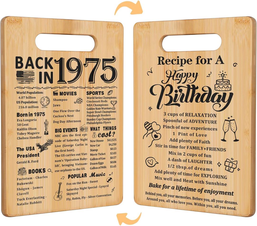 50th Birthday Gifts for Women Men,Back In 1975&Recipe for A Happy Birthday Double sided Cutting Board present for Her Him,50th Bday gift ideas,cool presents for 50 year old woman