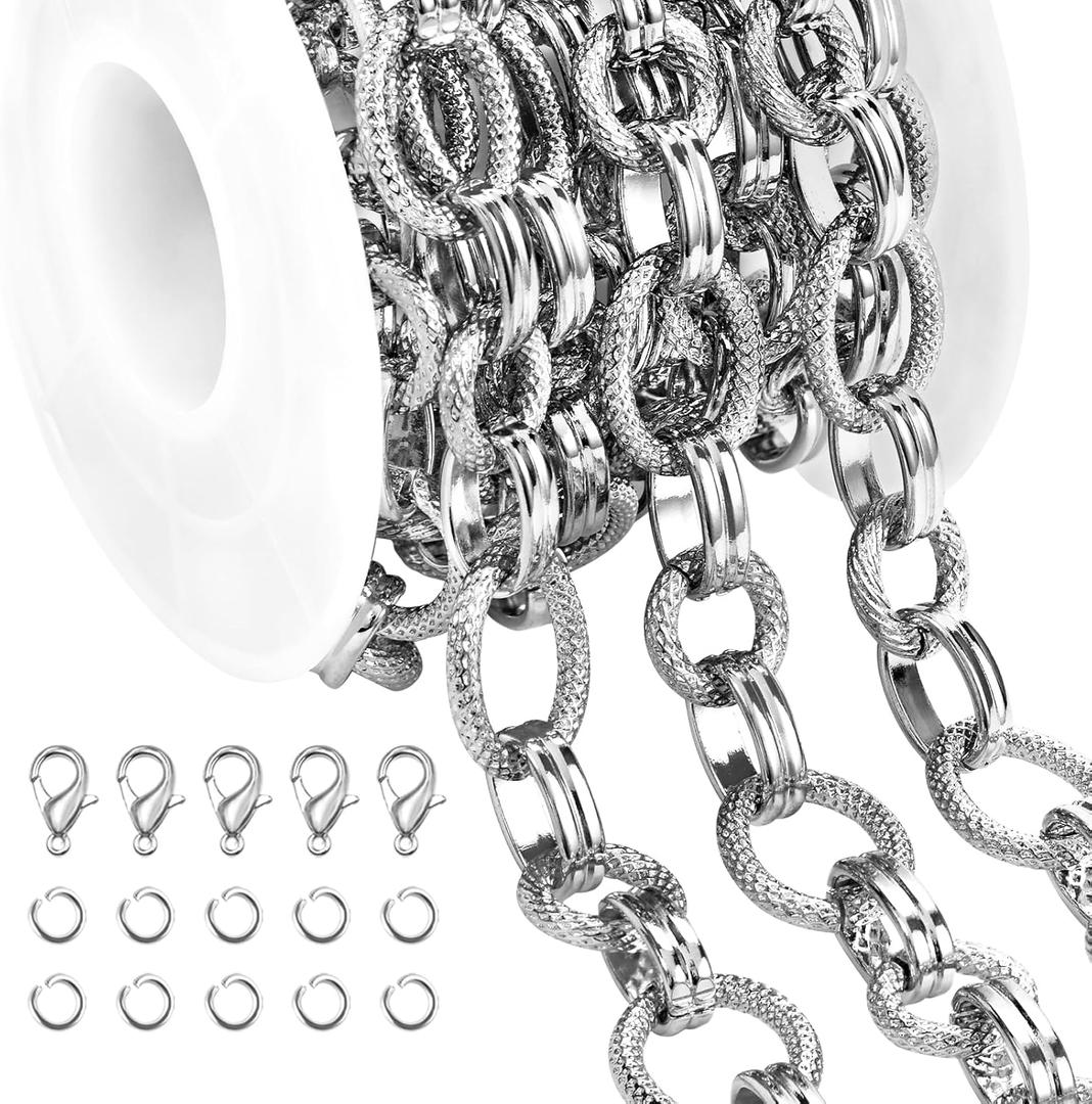 Jabogrii 2 Meters Silver Oval Rolo Chain Bulk for Jewelry Making Embossed Metal Chain Roll DIY Craft Jewelry Making Supplies
