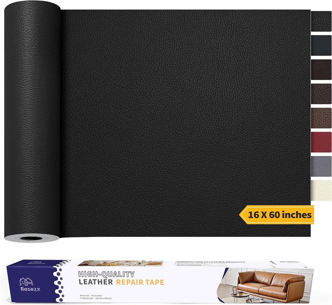 Leather Repair Patch Tape Kit, Self Adhesive Leather Repair for Furniture, Couch, Sofa, Car Seats,Office Chair,Vinyl Repair Kit.60inx16in (Black-Litchi Grain)