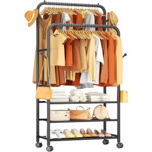 Furologee Clothes Racks for Hanging Clothes, Portable Rolling Garment Rack, Sturdy Metal Freestanding Cloths Racks with Wheels, Double Rods Wardrobe Rack for Bedroom Laundry Living Room (3-Tier Shelf)