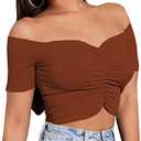 LYANER Women's Off Shoulder Ruched Short Sleeve Rib Knit Sexy Crop Top Blouse, Solid Black, Large