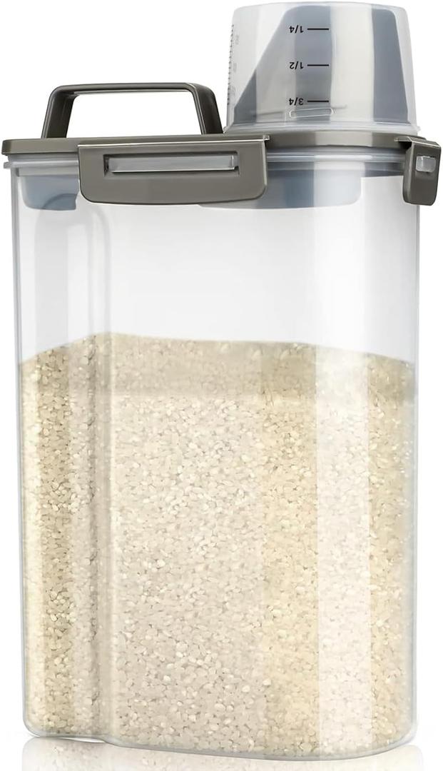 Viretec Rice Airtight Storage Container, 3 to 5Lbs Cereal Dry Food Flour Bin, Pet Dog Cat Food Dispenser with Measuring Cup, BPA Free Clear Plastic Kitchen and Pantry Organization Bin for Sugar