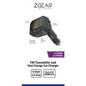 ZGear FM Transmitter and Fast Charging Car Charger 12 watt 2.4 amp Aux & USBport