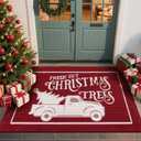 Christmas Doormat with Non Slip, Loop Pile Red and White Indoor Welcome Mat with Absorbent & Dirt-Trapping, Christmas Trees Truck Pattern, Porch Decor Outdoor Front Door Mat 32x48 Inch