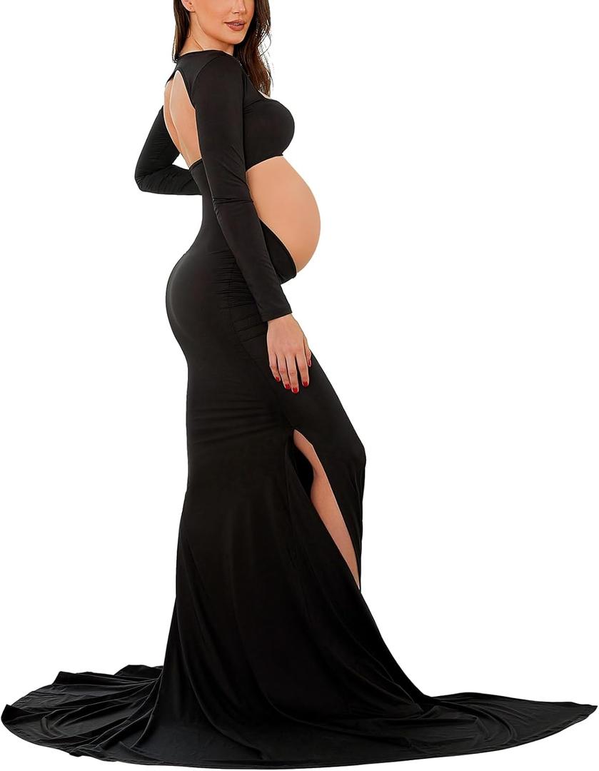 Bhome Maternity Dress for Photoshoot Cut-Out Backless Side Split Maternity Maxi Gown for Photoshoot (Large, Black)