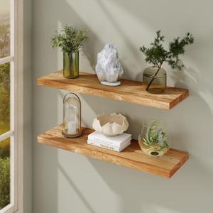 Fun Memories 36" Natural Wood Floating Shelves, 9.3" Deep Solid Elm Wood Shelves, Rustic Wall-Mounted Display Shelves with Invisible Heavy-Duty Metal Brackets, 2-Pack, Natural (Flat Edge,36"W x 9.3"D, Usa-sourced Elm Wood Natural Finish)