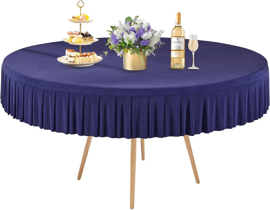 1 Pack Navy Blue Spandex Round Tablecloths for 60 inch Table, Stretchy Fitted 5FT Round Table Cloth with Skirt for Wedding Party Dining Banquet