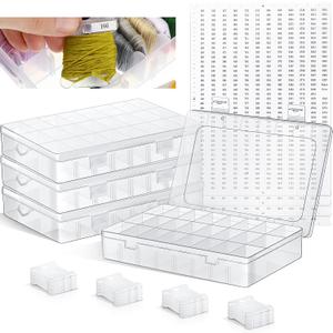 Queekay Embroidery Floss Organizer Box Set, Includes Compartments Cross Stitch Organizer Box, Plastic Floss Bobbins and 1790 Number Stickers for Thread Sewing, 4 Sets(24 Grids,50 Pcs)