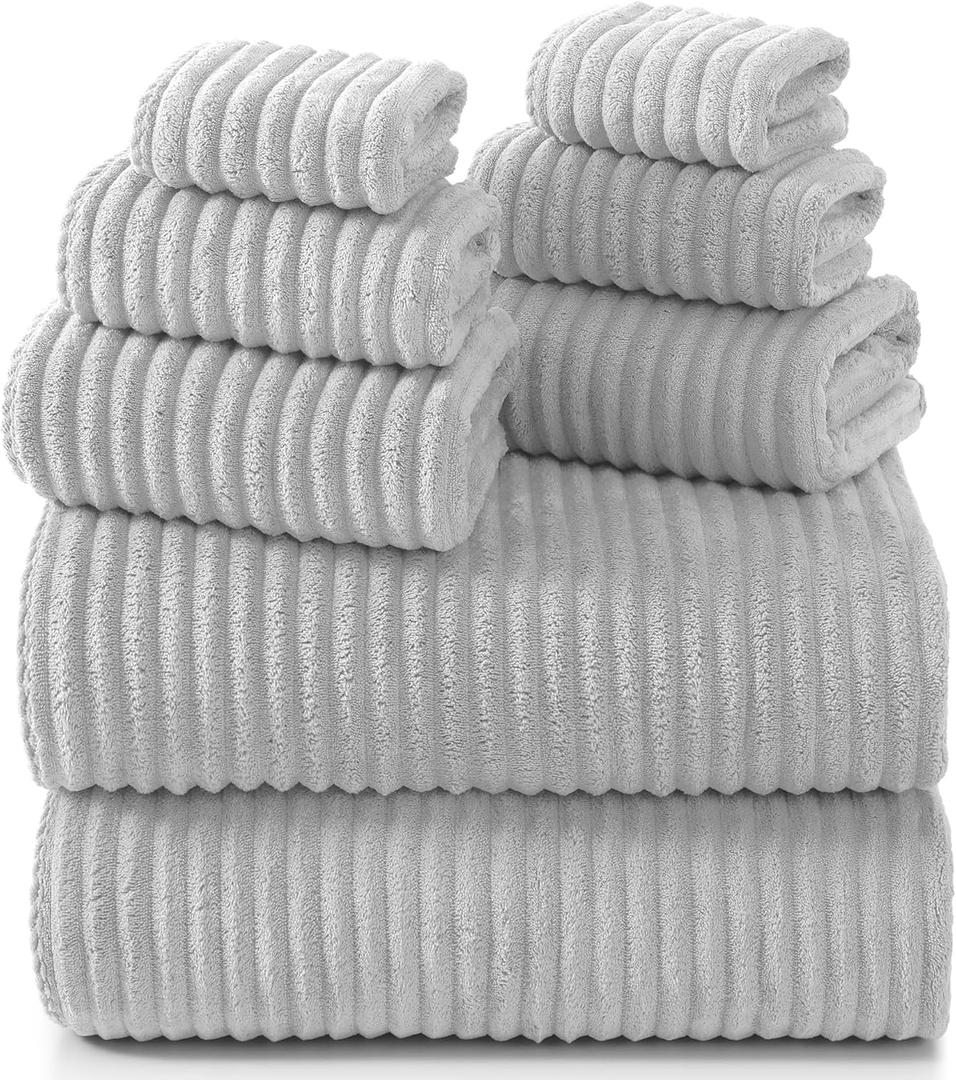 REDKISS Gray Bath Towels Set 8 Piece - Microfiber Bathroom Towels of 8 Large, Highly Absorbent Bath Towel, Soft Shower Towel for Bathroom, Hotel 2 Bath Sheet 2 Hand 2 Washcloths 2 Hair Towel Wrap
