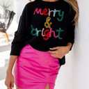 LEMAFER Women 2026 Merry Christmas Round Neck Sequin Letters Sweater Casual Solid Slogan Long Sleeve Pullover Sweatshirt Tops (Black, S)
