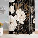 Black Gold White Floral Shower Curtains, Waterproof Fabric Watercolor Black Flowers Bathroom Boho Shower Curtain with 12 Hooks, Black Gold Plant Leaf Shower Curtain 72 x 72 Inch