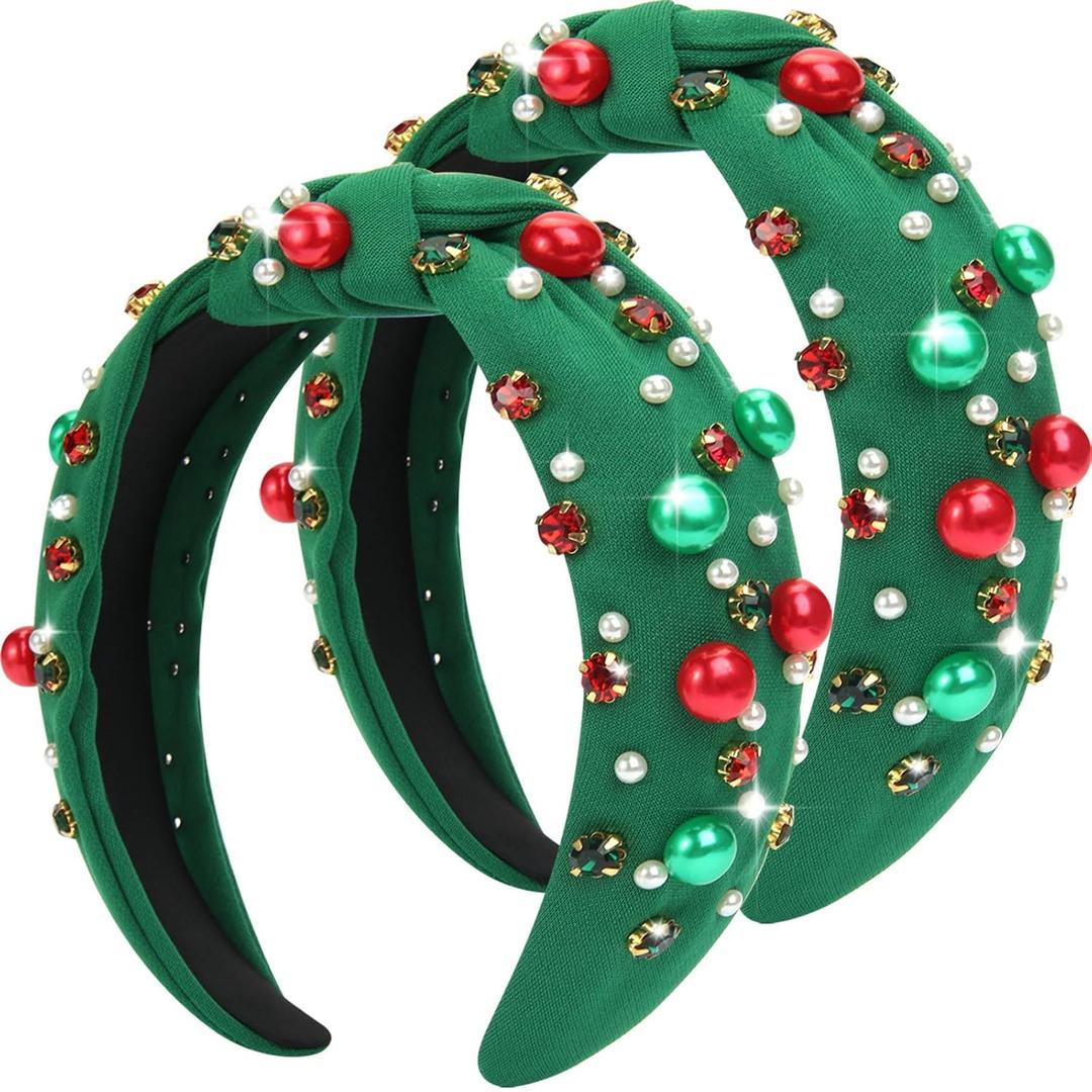 2 x 2Pcs Christmas Headbands for Women - Red Green Pearl Rhinestone Crystal Jeweled Headbands - Fashion Elegant Wide Top Knot Christmas Headband for Holiday Costumes for Women Accessories(Green) (Medium)