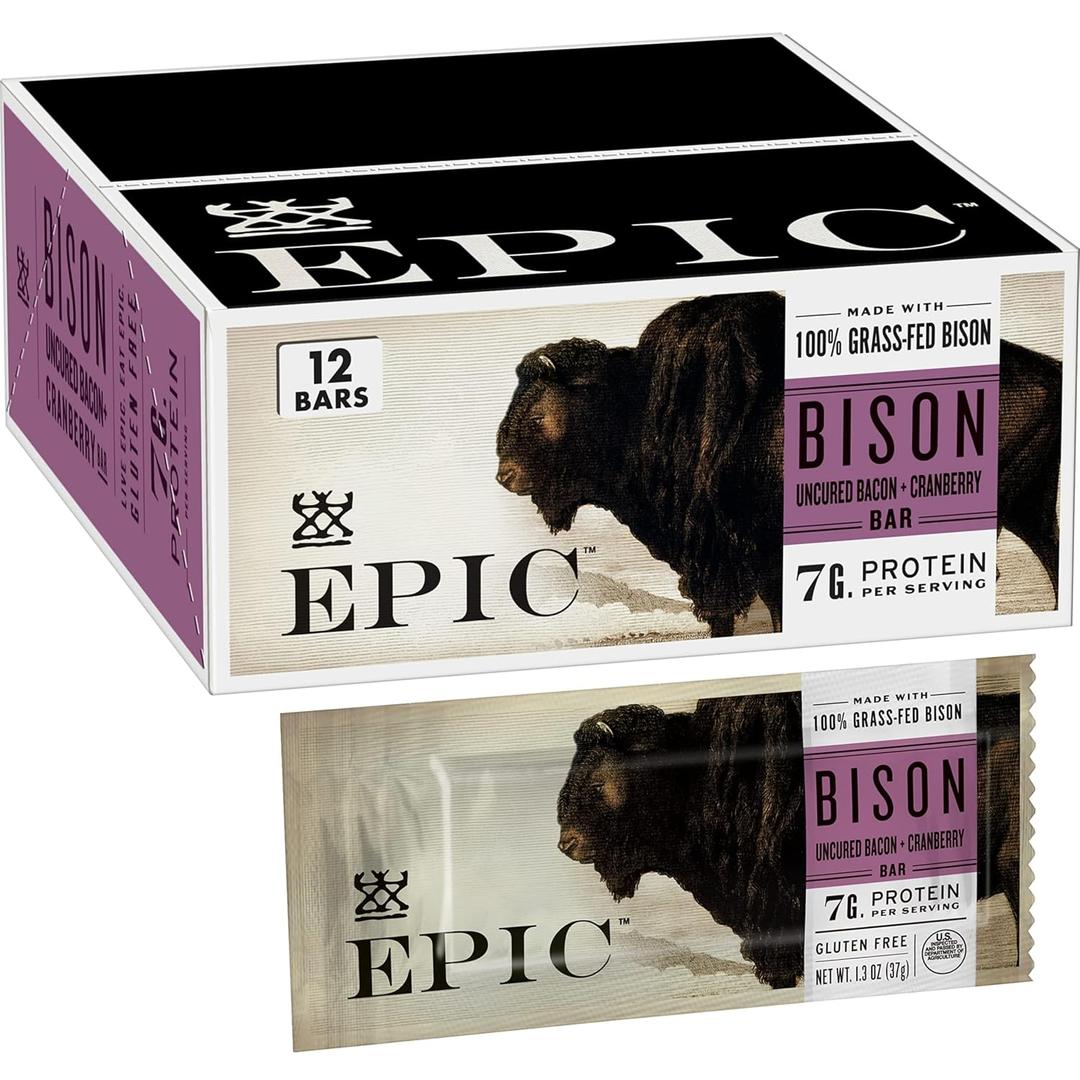 EPIC Bison Uncured Bacon and Cranberry Bars, Grass-Fed, Protein Bar, 12 Ct, 15.6 oz (EXP 03/25/27)