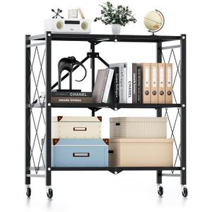 Simple Deluxe 3-Tier Folding Storage Shelves, 27.95" W x 14.96" D x 34.25" H Foldable Shelving Unit, 750 Lbs Loading Capacity, Black, 3-Tier, 28"W x 15"D x 34"H