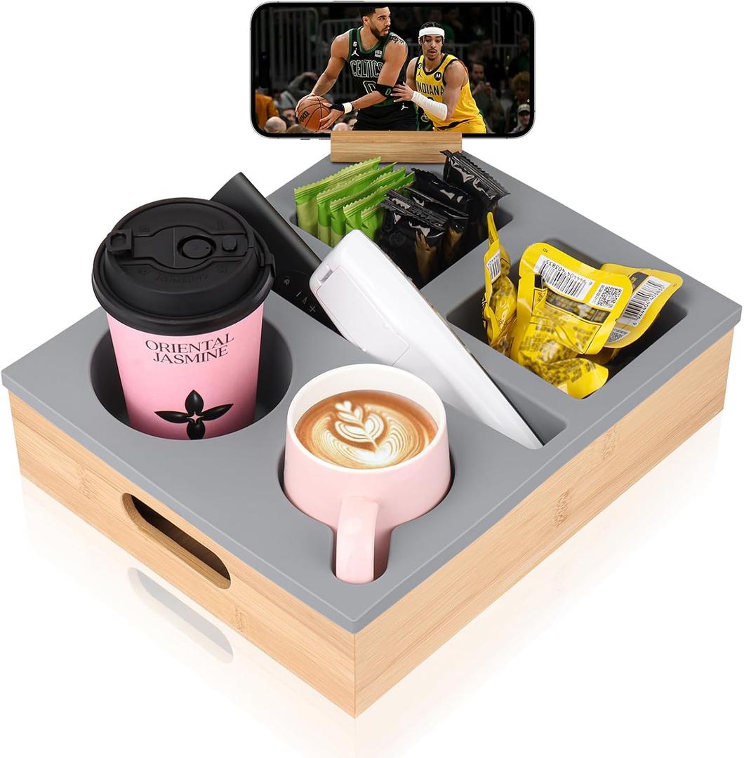 Couch Cup Holder Tray, Couch Caddy with Rotatable Phone Holder, Wooden Sofa Drink Holder with Handle for Bed Car Seat Beach Organizer, Anti-Spill for Snacks Beverage Remote Grey (Gray)