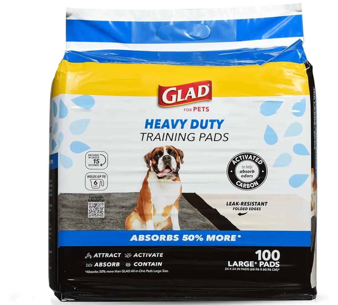 Glad for Pets Heavy Duty Activated Carbon Training Pads, 24" x 24" 100ct | Ultra Absorbent Training Pads - Absorbs 50% More Than Standard Pad in Same Size; Heavy Duty Puppy Potty Training Pads