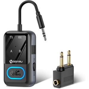 SONRU Bluetooth 5.3 Transmitter Adapter for Airplane 2-in-1 Wireless Bluetooth Audio Transmitter Receiver for 3.5mm Aux Jacks on Flight/TV/Gym Equipment, for up to 2 Wireless Headphones, Cell Phones (Black)