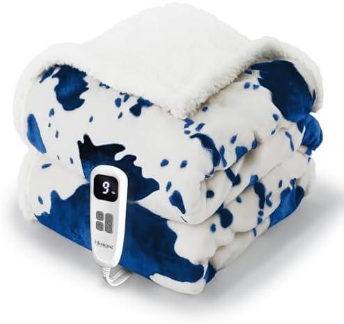 blunique Heated Blanket Throw Blanket - Fast Heating Electric Blanket, Soft Flannel Heated Throw with 4 Time Settings,10 Heating Settings, Warm Gifts for Women & Mom & Grandma(50"x60"Cow Print Blue)