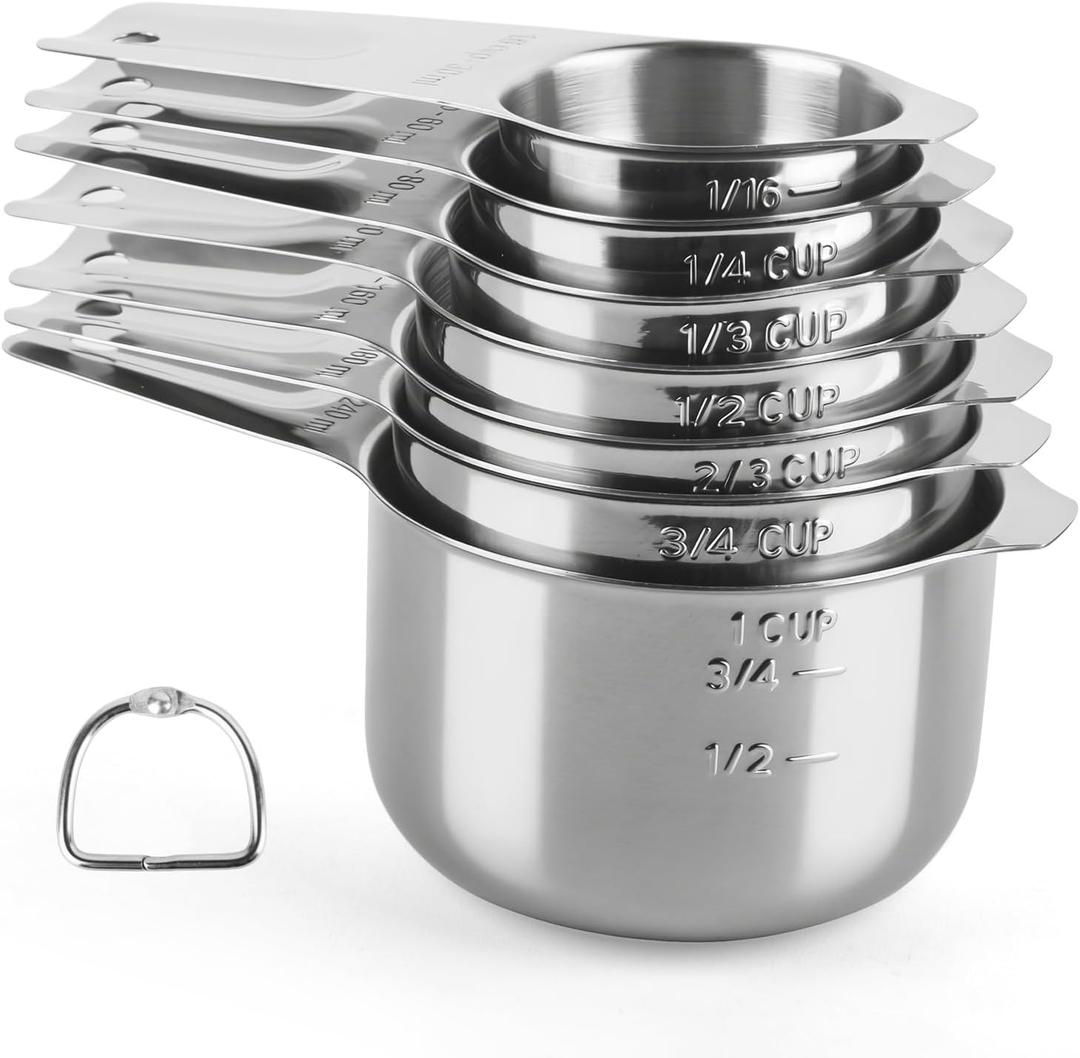 Stainless Steel Measuring Cups Set of 7, Stackable Measure Cups Kitchen Gadgets for Cooking Baking Supplies Tools, Nesting Metal Cup Spoons Easy to Read Markings for Dry & Liquid Measurements Baker