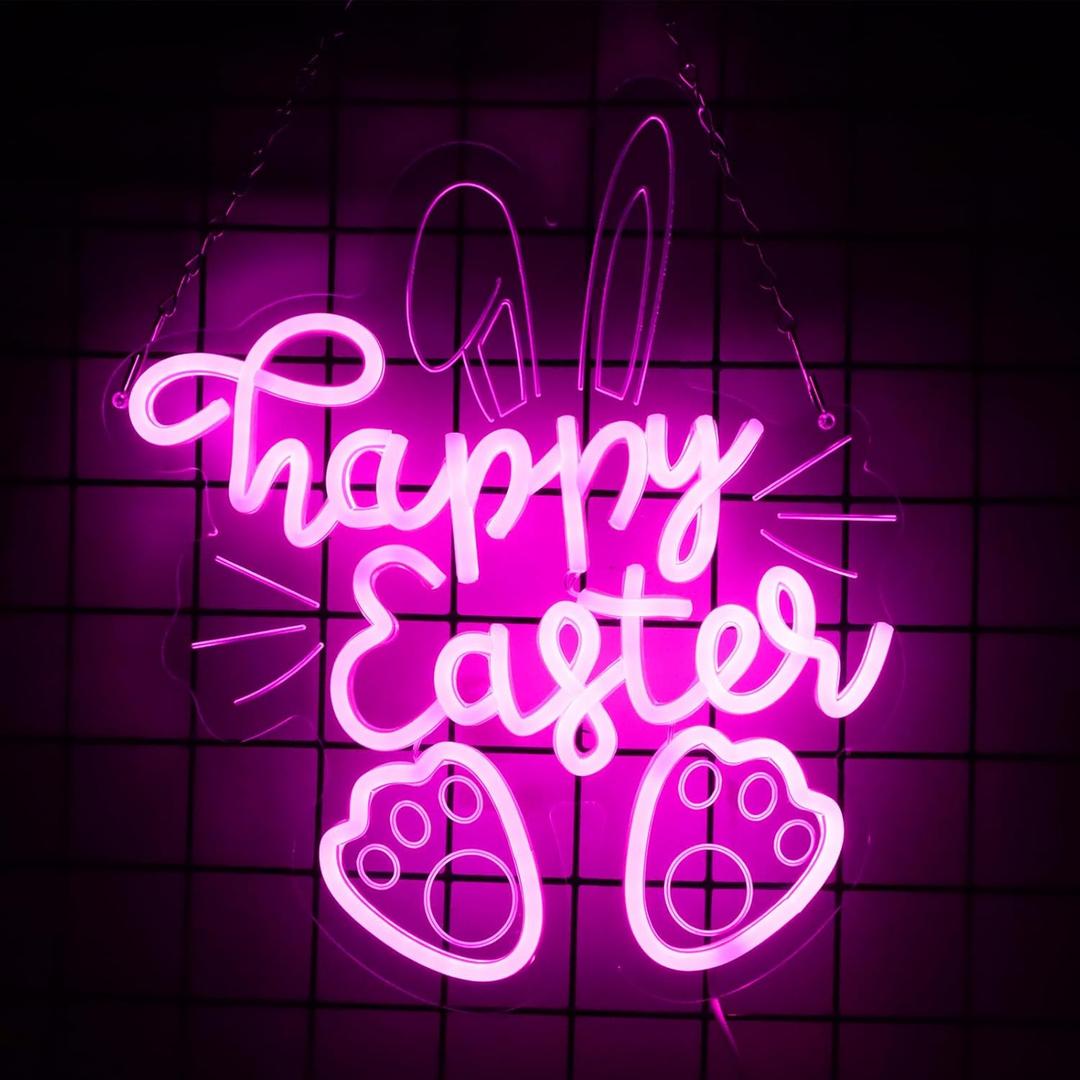Easter Neon Sign for Wall Decor Rabbit Happy Easter LED Neon Light Window USB Powered for Wall Room Gift Party Decoration (Deep Pink,Happy Easter-03)