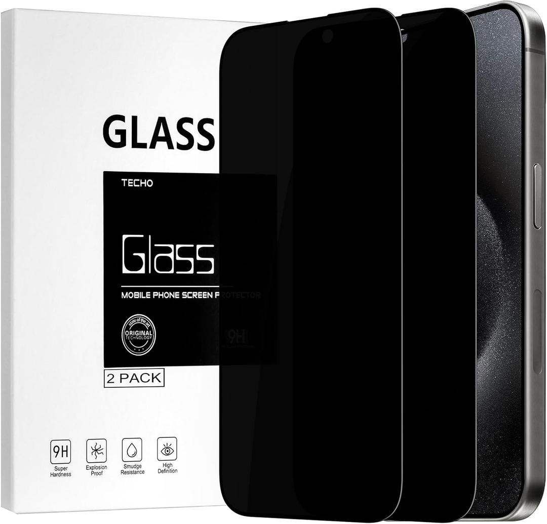 TECHO Privacy Screen Protector for iPhone 15 Pro Max Tempered Glass Film, Full Coverage Edge to Edge, Anti Spy Private, 9H Hardness, 2 Pack, 6.7 Inch