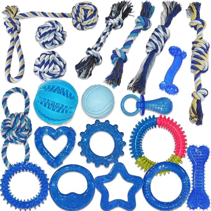 14 Pack Puppy Chew Toys for Teething & Fun (Chew Toys for Puppies 0-6 Months Bundle with Various Rubber Rings, Rope Toys and Balls for Interactive Play, Teeth Cleaning & Relief