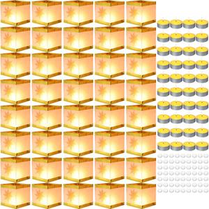 Cunno 144 Pcs Square Memorial Lanterns Set Paper Tangled Lanterns Sun Pattern Chinese Wishing Lights with Tea Candles and Adhesive Pads for Praying Pool Blessing Wedding