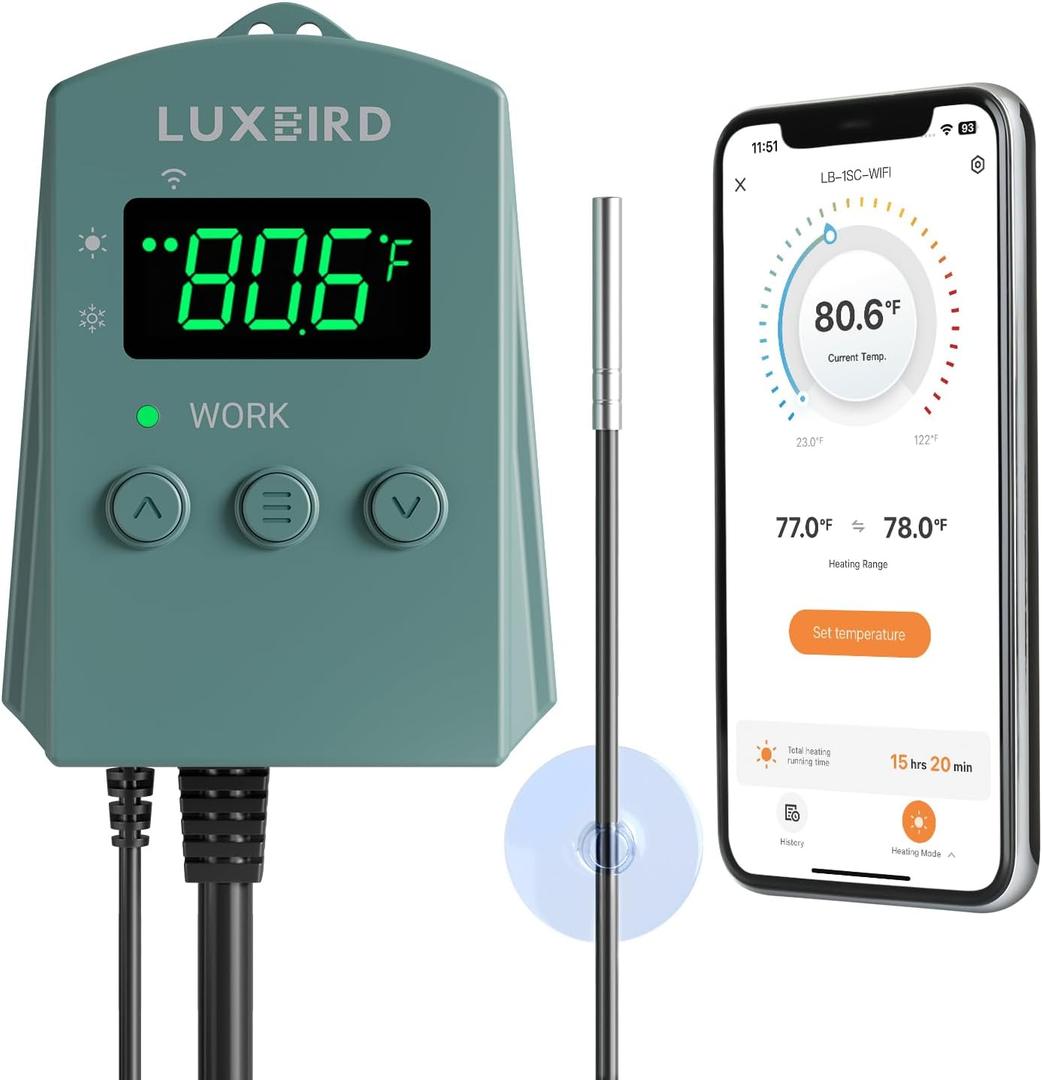 WiFi Digital Heat Mat Thermostat Controller, 32-113F with Heating Cooling Mode, 365 Day Data Export, 1200W, High/Low Temp Alerts, Plug & Play for Reptile Seedling Brewing Breeding Greenhouse