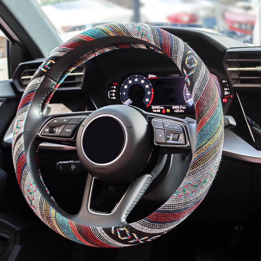 Boho Steering Wheel Cover Elastic Microfiber for Women, Hippie Steering Wheel Cover Ethnic Flax Cloth Universal Fit 15 inch for Cars, Truck, Van, SUV - (D-Blue)
