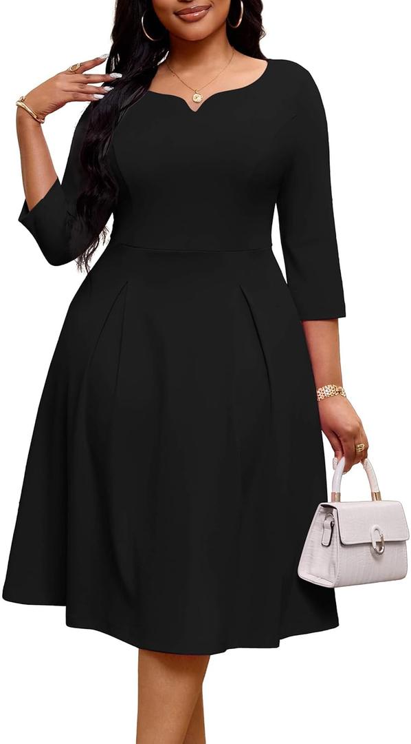 Nmoder Casual Dresses for Women, Fit and Flare A-Line Swing Dress 3/4 Sleeve Church Cocktail Midi Dress with Pockets (Black, XXL)