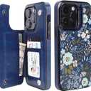 uCOLOR for iPhone 15 Pro Wallet Case with Card Holder Navy Blue Flowers | PU Leather RFID Blocking for Women Men Magnetic Clasp Kickstand 6.1"