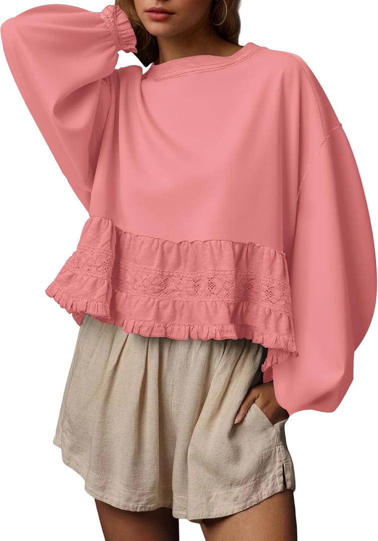 Burtell Crew Neck Crop Oversized Sweatshirts For Women Casual Long Puff Sleeve Babydoll Tops Loose Lace Patchwork Peplum Top Small