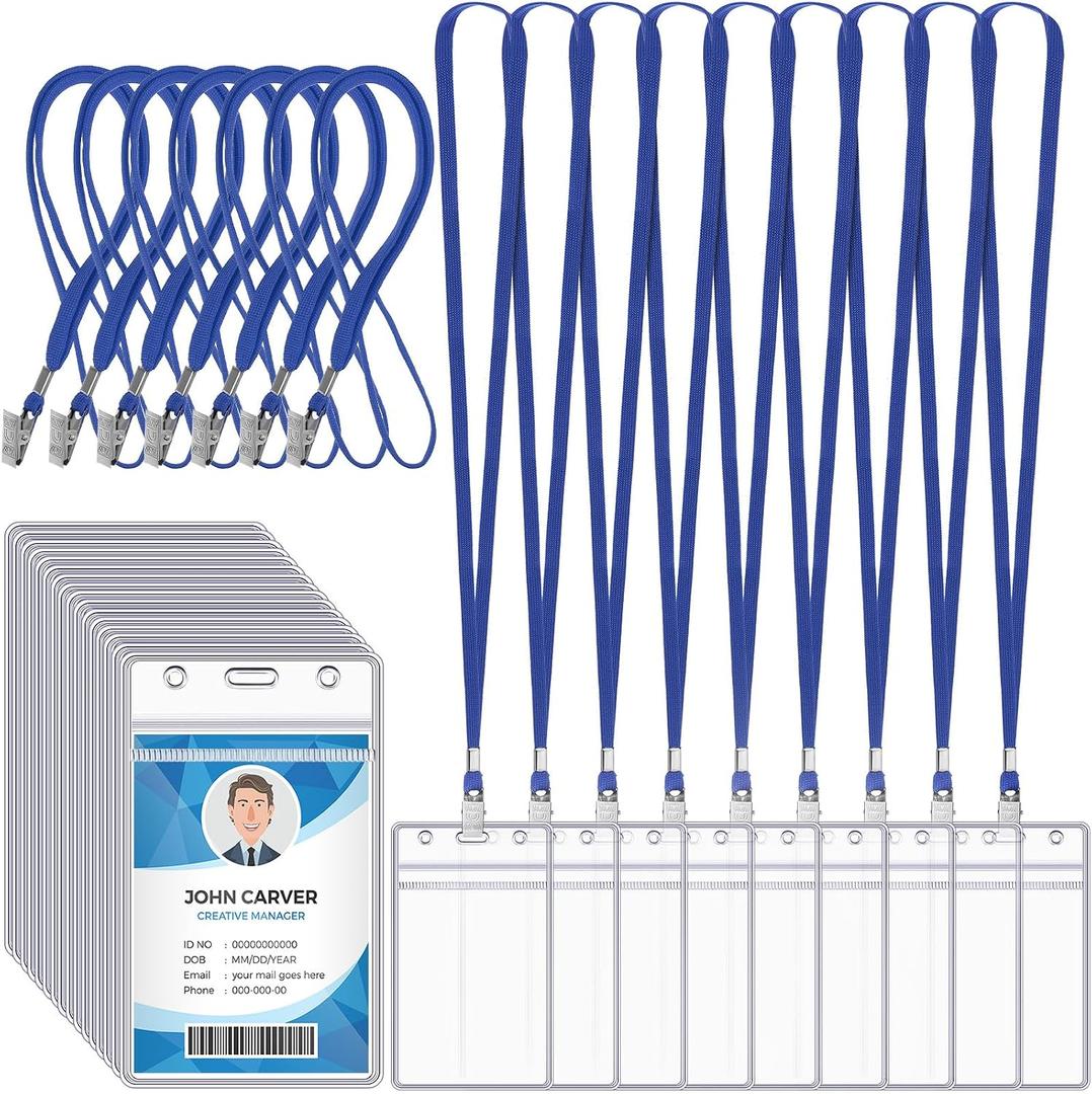 Marspark 100 Pcs ID Badge Holder with Lanyard Lanyards for ID Badges Resealable Flat Neck Name Tag with Clip Waterproof Plastic Clear Badges Bulk for School Office Supplies (Blue)