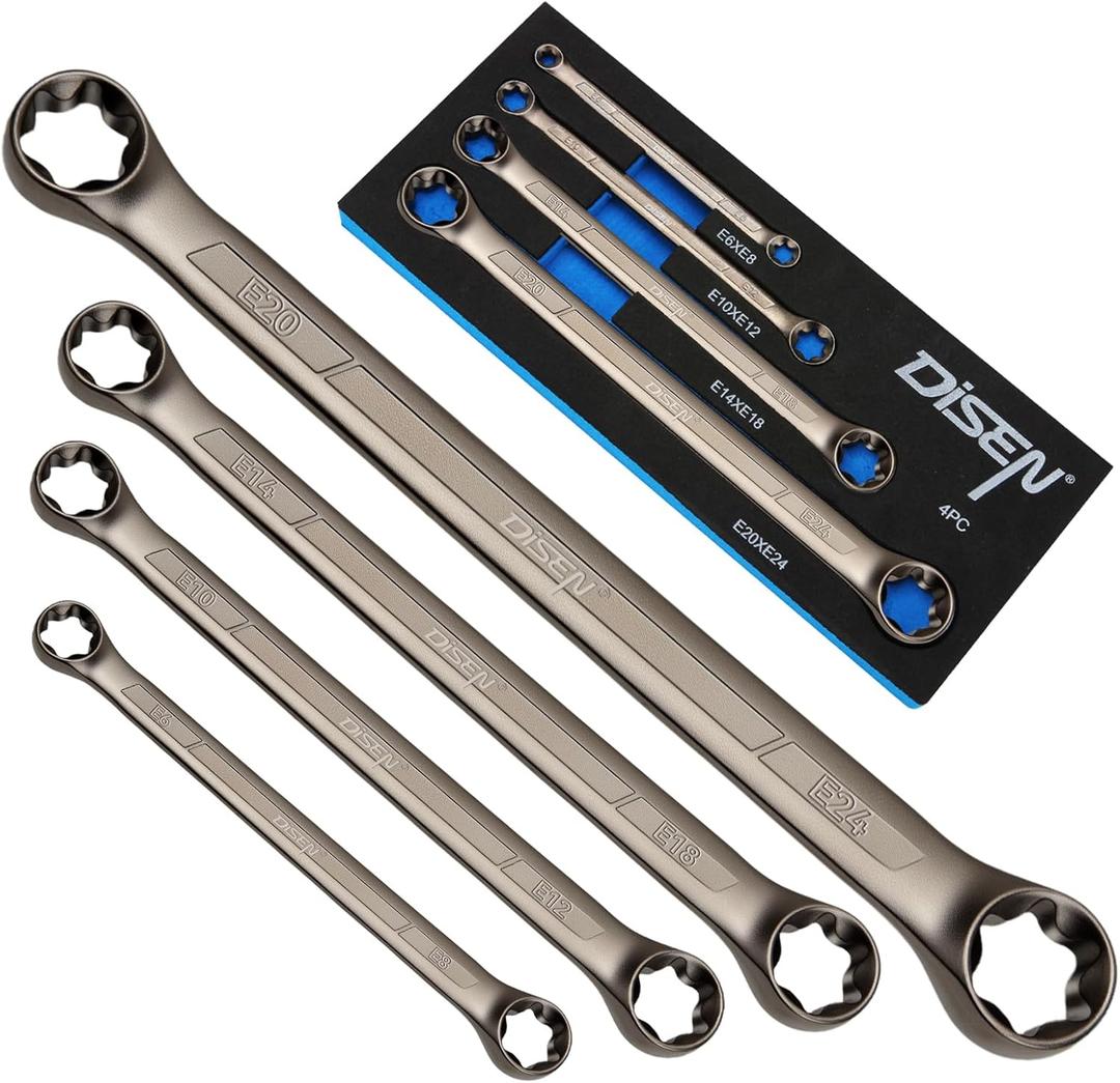 DISEN Upgraded 4-Piece E-Torx Wrench Set, Double Box End Wrench Set, CR-V Steel, Including E6*E8, E10*E12, E14*E18 and E20*E24