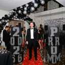 Yexiya 10 Pcs Prom Column Standup Photo Booth Decorations Set 2026 Prom Backdrop Balloon Boxes Cardboard Decoration Column with Background Banner Red Carpet for Party College(Black Silver)