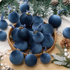 HyDren 24 Pcs Dark Blue Velvet Christmas Ornaments Balls Bulk Flocked Christmas Tree Ornaments 3.15, 2.76, 2.36 Inch Shatterproof Hanging Xmas Tree Balls Decor for Xmas Decorations