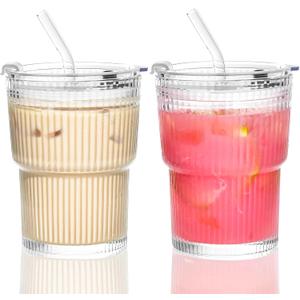 13 oz Glass Cups with Lids and Straws Ribbed Drinking Glasses Cup Leak Proof Iced Coffee Glass Tumbler Set of 2 for Soda Smoothie Juice(Clear*2)