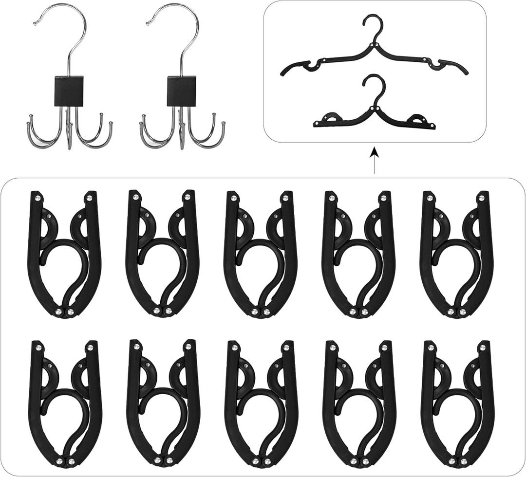 2 Underwear Hangers + 10 Foldable Clothes Hangers for Bras, Pants, Towels  Space-Saving Non-Slip Set for Travel, Closet Organizer, Wardrobe Storage, Laundry, Dorm, RV (Black)