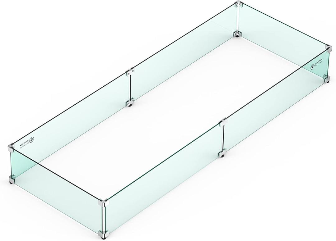 Skyflame Fire Pit Wind Guard, 53.5" x 19.5" x 6" Clear Tempered Glass Flame Guard Set with Hard Aluminum Corner Brackets and Rubber Feet, Fits for 48-inch Rectangular Fire Pit Burner Pan