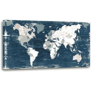 Blue World Map Canvas Wall Art for Living Room Large Office Canvas Artwork Decor Framed for Kitchen Kids Bedroom-20 x40